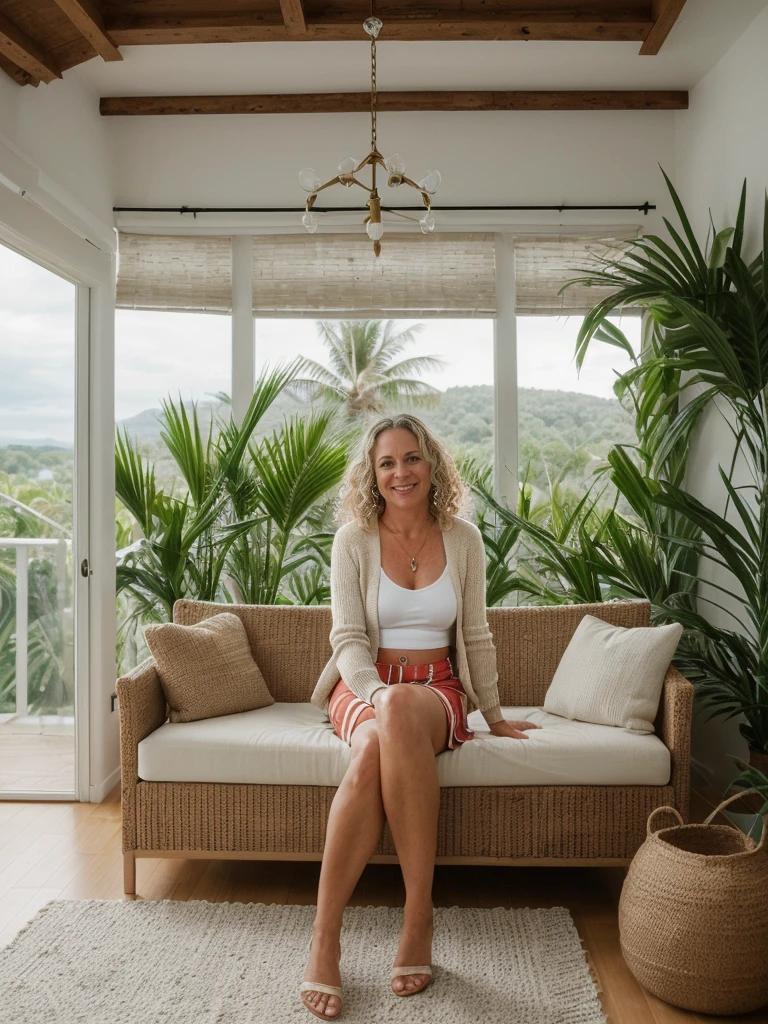 Dawn Zulueta, a solo photorealistic of Dawn Zulueta, Mature woman, (((45 years old woman))), (((Swedish brown eyes))), Swedish lips, Swedish high nose, (((with body and face wrinkle))), (((Swedish light blond long wavy curly blond hair))), (((In her minimalist tropical-themed living room, she sits seductively amidst an atmosphere of tranquility and natural beauty. The room is designed with clean lines, neutral colors, and an abundance of greenery, evoking a sense of calm reminiscent of a tropical retreat. Large windows frame a breathtaking view of a staircase, perhaps adorned with plants or featuring natural materials like wood and stone. The staircase leads to another level of the home, enhancing the feeling of openness and connection to the outdoors.))), (((she is wearing a horizontal stripe knitted coordinates, color white chunky Crop Cardigan; Color red kniited Mini Skirt, The cardigan is open that exposed her breast))), Let your face light up with a wide smile, crinkling your eyes at the corners and showing off your teeth. Radiate happiness and warmth., (((dynamic pose)))