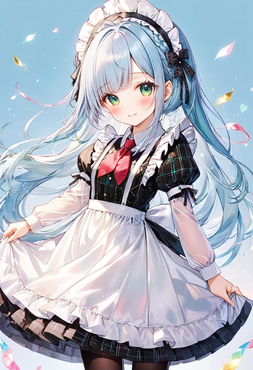 masterpiece, best quality, extremely detailed, (illustration, official art:1.1), 1 girl ,(((( light blue long hair)))), ,(((( light blue long hair)))),light blue hair, , long hair ((blush)) , cute face, big eyes, masterpiece, best quality,(((((a very delicate and beautiful girl))))),Amazing,beautiful detailed eyes,blunt bangs((((little delicate girl)))),tareme(true beautiful:1.2), sense of depth,dynamic angle,,,, affectionate smile, (true beautiful:1.2),,(tiny 1girl model:1.2),)(flat chest), 1girl, , charmy-angle, looking at viewer,
Legendary masterpieces、absolute resolution、Super detailed and realistic stick、one girl、cute girl、white brim、、(pink&Dark green plaid Victorian maid dress made of taffeta fabric, mainly shantung fabric and organdy fabric with beading processing.、:1.5)、With raschel stretch lace or tulle at the hem of the dress、(Gold buttons on the front:1.2)、(frills、red tie、White jacquard blouse:1.4)、(Peach cardigan with loop yarn and glitter、cable knit patterns:1.3)、(Shiny black tights denier20:1.1)、One length braid light blue hair、Fine silky smooth hair、super detailed soft costume,