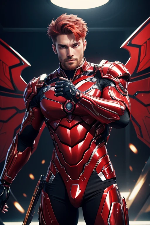 Quarter body photorealistic handsome hunky fractal masculine red haired Aeros, wearing a red with gold transparent crystal chrome glass trimmings super suit , with big wide cybernetic wings. look at camera, detailed face parts,, studio as background, Freestyle Pose, Happy Expression, perfect anatomy, symmetric body,, 18 years old, :: high detail, a lean athletic body, realistic, human skin, extremely detailed fingers, chad chin,, masculine, human skin, , gorgeous, Attractive. super bulges in action . camera focus face front