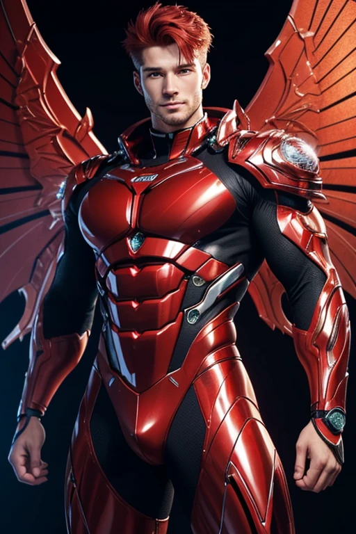 Quarter body photorealistic handsome hunky fractal masculine red haired Aeros, wearing a red with gold transparent crystal chrome glass trimmings super suit , with big wide cybernetic wings. look at camera, detailed face parts,, studio as background, Freestyle Pose, Happy Expression, perfect anatomy, symmetric body,, 18 years old, :: high detail, a lean athletic body, realistic, human skin, extremely detailed fingers, chad chin,, masculine, human skin, , gorgeous, Attractive. super bulges in action . camera focus face front