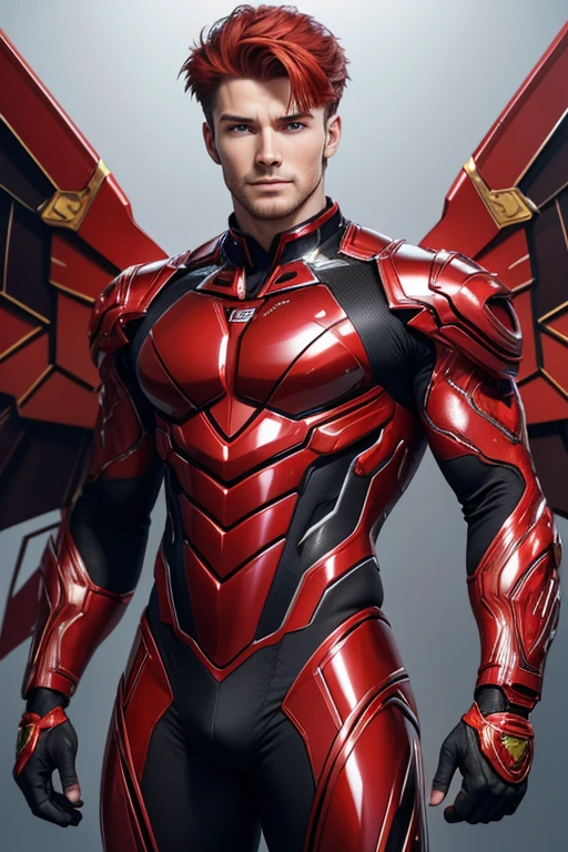 Quarter body photorealistic handsome hunky fractal masculine red haired Aeros, wearing a red with gold transparent crystal chrome glass trimmings super suit , with big wide cybernetic wings. look at camera, detailed face parts,, studio as background, Freestyle Pose, Happy Expression, perfect anatomy, symmetric body,, 18 years old, :: high detail, a lean athletic body, realistic, human skin, extremely detailed fingers, chad chin,, masculine, human skin, , gorgeous, Attractive. super bulges in action . camera focus face front
