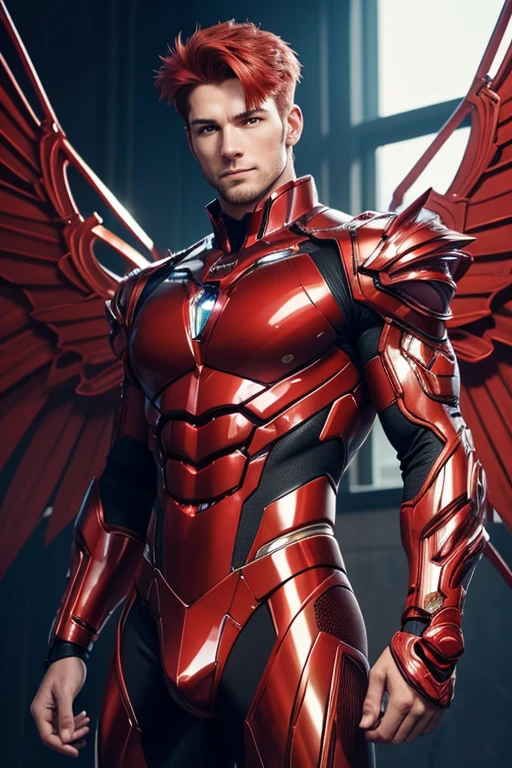 Quarter body photorealistic handsome hunky fractal masculine red haired Aeros,  wearing a red with gold  transparent crystal chrome glass trimmings super suit , with big wide cybernetic wings. look at camera, detailed face parts,, studio as background, Freestyle Pose, Happy Expression, perfect anatomy, symmetric body,, 18 years old,  :: high detail, a lean athletic body, realistic, human skin, extremely detailed fingers,  chad chin,, masculine, human skin, , gorgeous, Attractive. super bulges in action . camera focus face front 