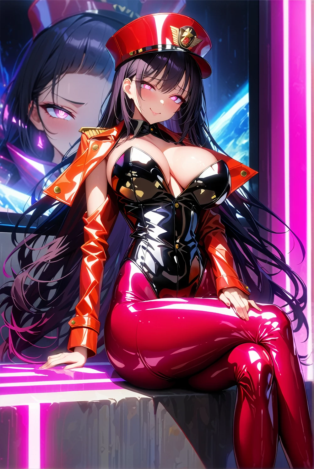 masterpiece, best quality, 1girl,black hair,long hair,glowing eyes, (finely detailed empty pupils and detailed face),,,,extremely detailed picture unity 8k wallpaper,solo,(latex military costume:0.9),large breasts,seductive smile,military hat,latex thighhigh,large breasts,black hair,pink eyes,black leotard,pantyhose,military coat,enamel suits,grossy lips,sitting,crossed legs
