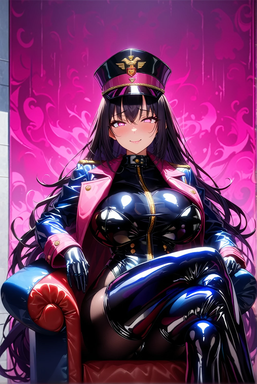 masterpiece, best quality, 1girl,black hair,long hair,glowing eyes, (finely detailed empty pupils and detailed face),,,,extremely detailed picture unity 8k wallpaper,solo,(latex military costume:0.9),large breasts,seductive smile,military hat,latex thighhigh,large breasts,black hair,pink eyes,black leotard,pantyhose,military coat,enamel suits,grossy lips,sitting,crossed legs