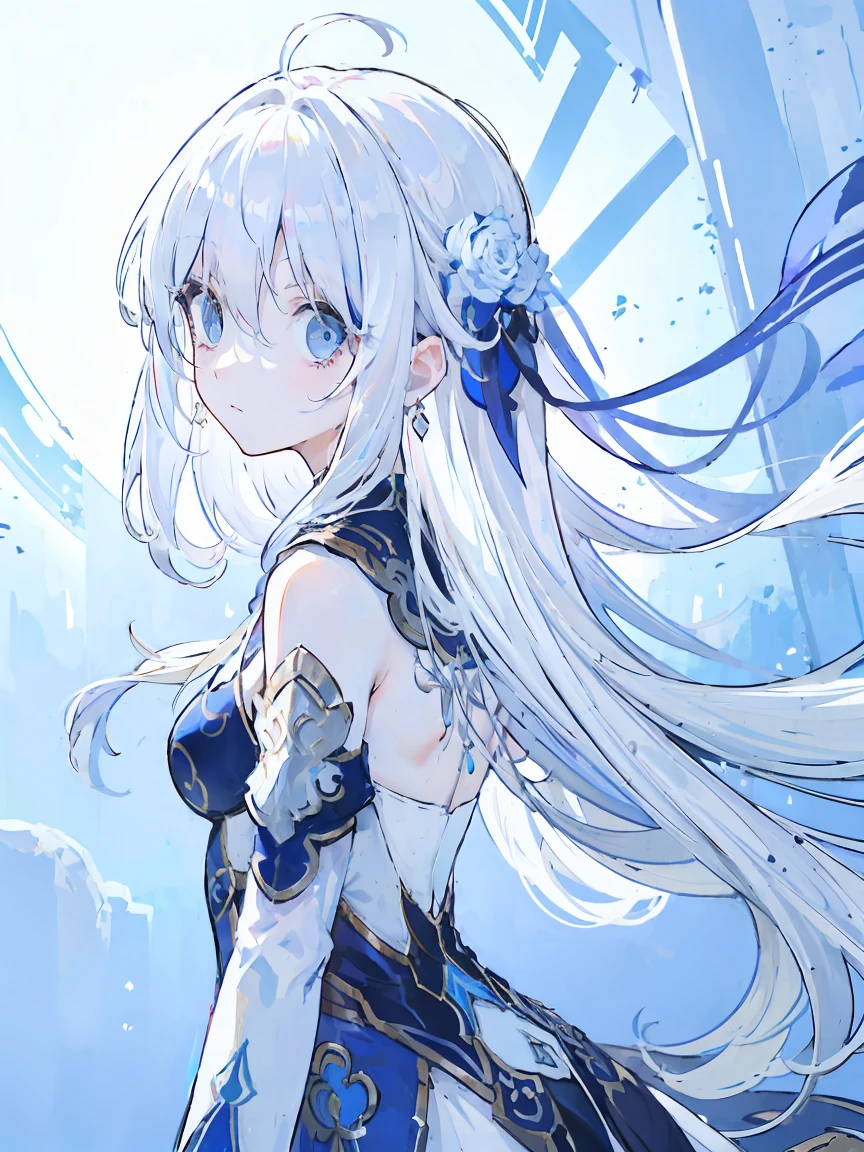 White hair girl, white dress with blue, bright blue eyes