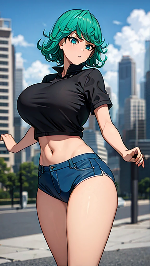 ((best quality)), ((masterpiece)), (detailed), perfect face, blue top, crop top, blue fitted dolphin shorts, huge breasts, huge ass , green hair