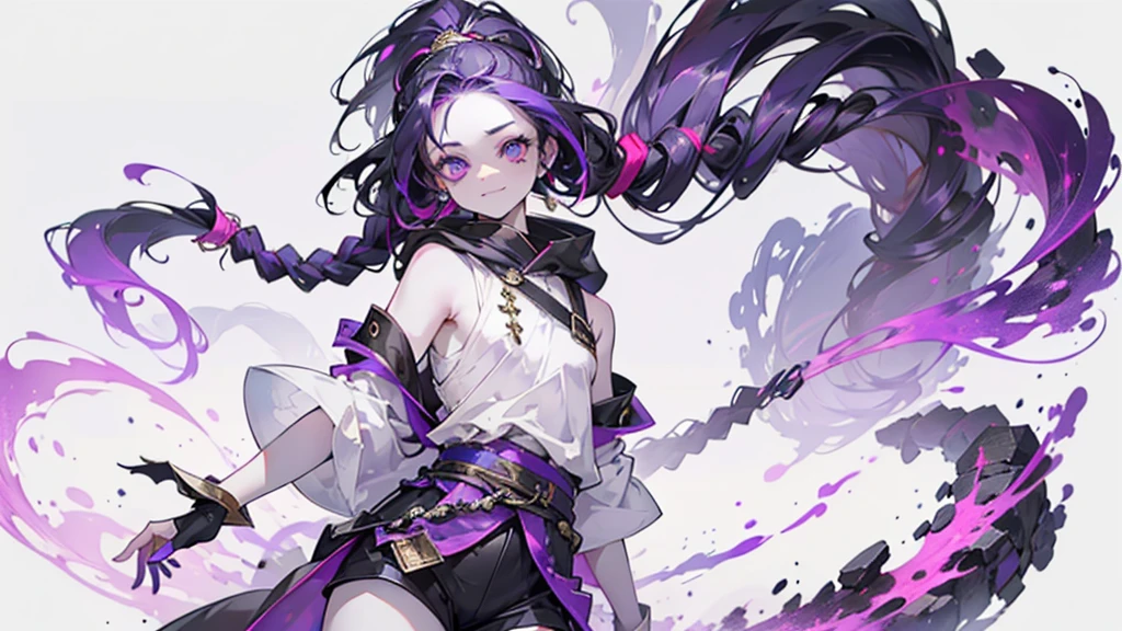 cheerful boy with open forehead. dark purple hair braided in a ponytail on the left side to one side. sinuous black horns wrapped in dark purple ribbon. pale violet eyes. in short dark purple shorts. long white T-shirt. dark purple knee-high socks. a white long robe with a hood flutters in the wind. black ancient stone walls of the castle purple light from lamps with gold ornaments, heterochromia, long curly hair, pale skin, I look at the viewer, closed mouth, bright smile, Beautiful, extremely detailed eye, Absolutely amazing art, extremely detailed, Digital art of the highest quality, full length, old pionino