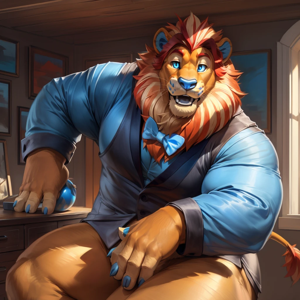 best anatomy, best quality, (by null-ghost,by darkgem,by pino daeni,by zoroj, by redrusker), (furry art, soft shading:1.1), bara, blue eyes, blue nose, mane, tail, solo, (pinup), (pose), (soft shading), 4k, hi res, ((detailed face, detailed eyes)), smile, open mouth, simple background, looking at viewer, shirt, vest, bow tie, Lion, (broad shoulders, narrow waist:1.05), 5 fingers, blue eyes, black nose, blue claws ,standing in a bedroom, masterpiece, Ultra highest quality, unreal engine, trending on ArtStation, Intricate, Ultra heavy High Detail, dramatic, realism, erection, thick cock, realistic, sitting, muscle, furry, day, looking_at_viewer, Ultra heavy detailed eyes, Ultra heavy detailed body, Ultra detailed heavy face, Ultra heavy detailed cock, Ultra heavy detailed balls, expressive, masculine,