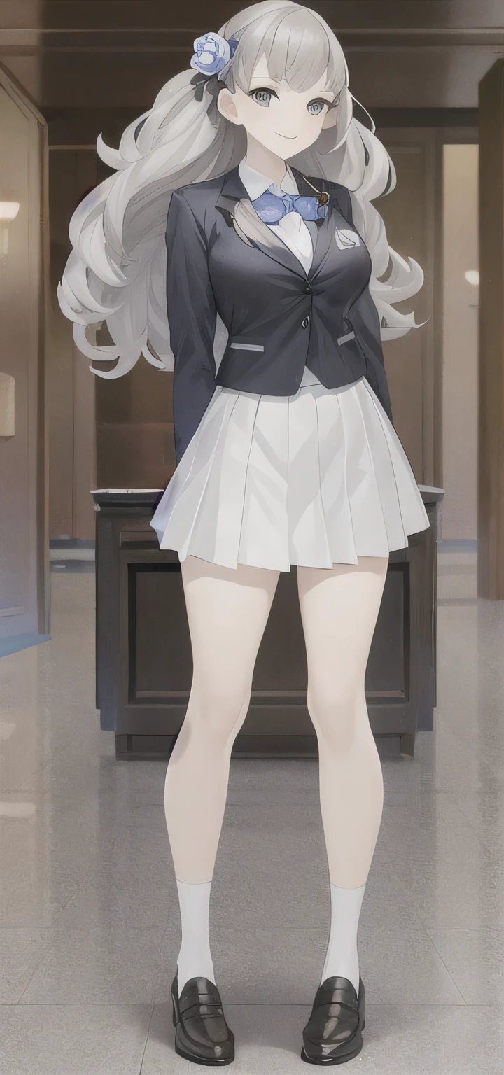 masterpiece, best quality,fuyusaka iori 1, 1girl, solo, hair flower, white shirt, skirt, pleated skirt, black skirt, shoes, hair ornament, flower, long hair, full body, socks, grey hair, white flower, grey eyes, outline, looking at viewer, highly detailed library background, middle breast, smile, shameful face, slander, straight on, standing, loafers, arms back