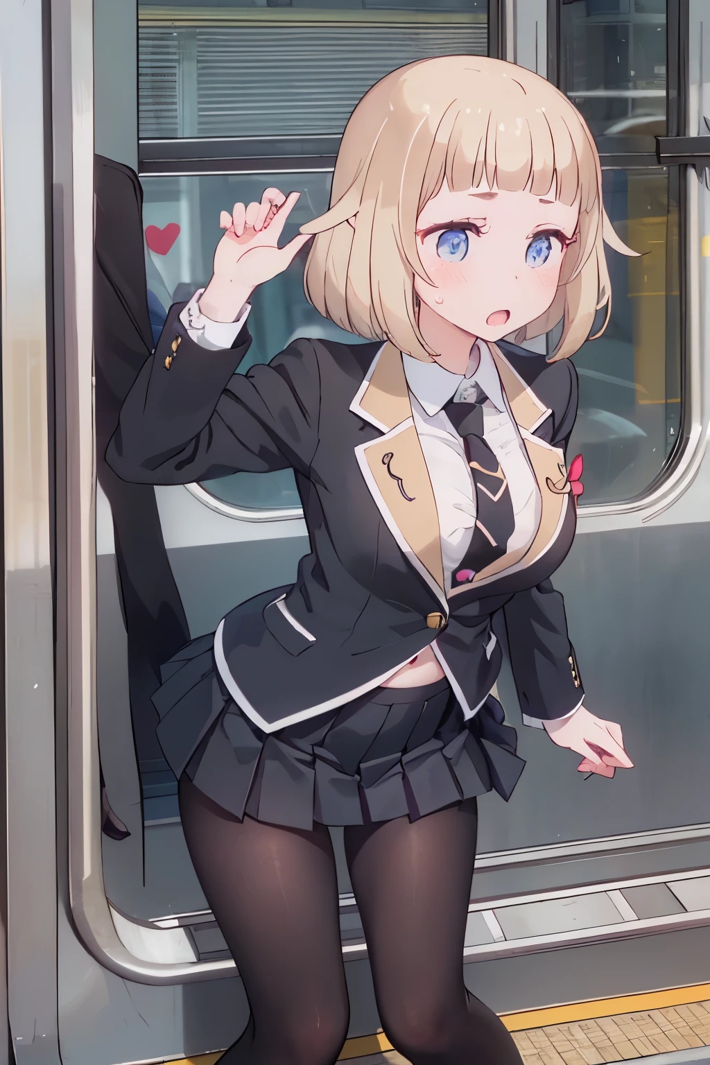 (8K、Highest quality、highest quality、masterpiece)、Detailed face、One girl、on the train、((Pressing her chest against the train window 1.4))、、short hair、、blunt bangs、Grey Eyes、、、((Blazer jacket uniform))、((Pleated skirt))、((No panties))、((bent over))、Back Alley Background、Very large breasts、Nipples are visible、、Black Pantyhose、Milk dripping from nippleilk spurting from the nipple、、Open your mouth、Troubled face、Love juice from the genitals、Full body portrait、Black Loafers、One man、Hearts in the eyes、Sex with a man、A man stands behind、A man grabs my waist from behind