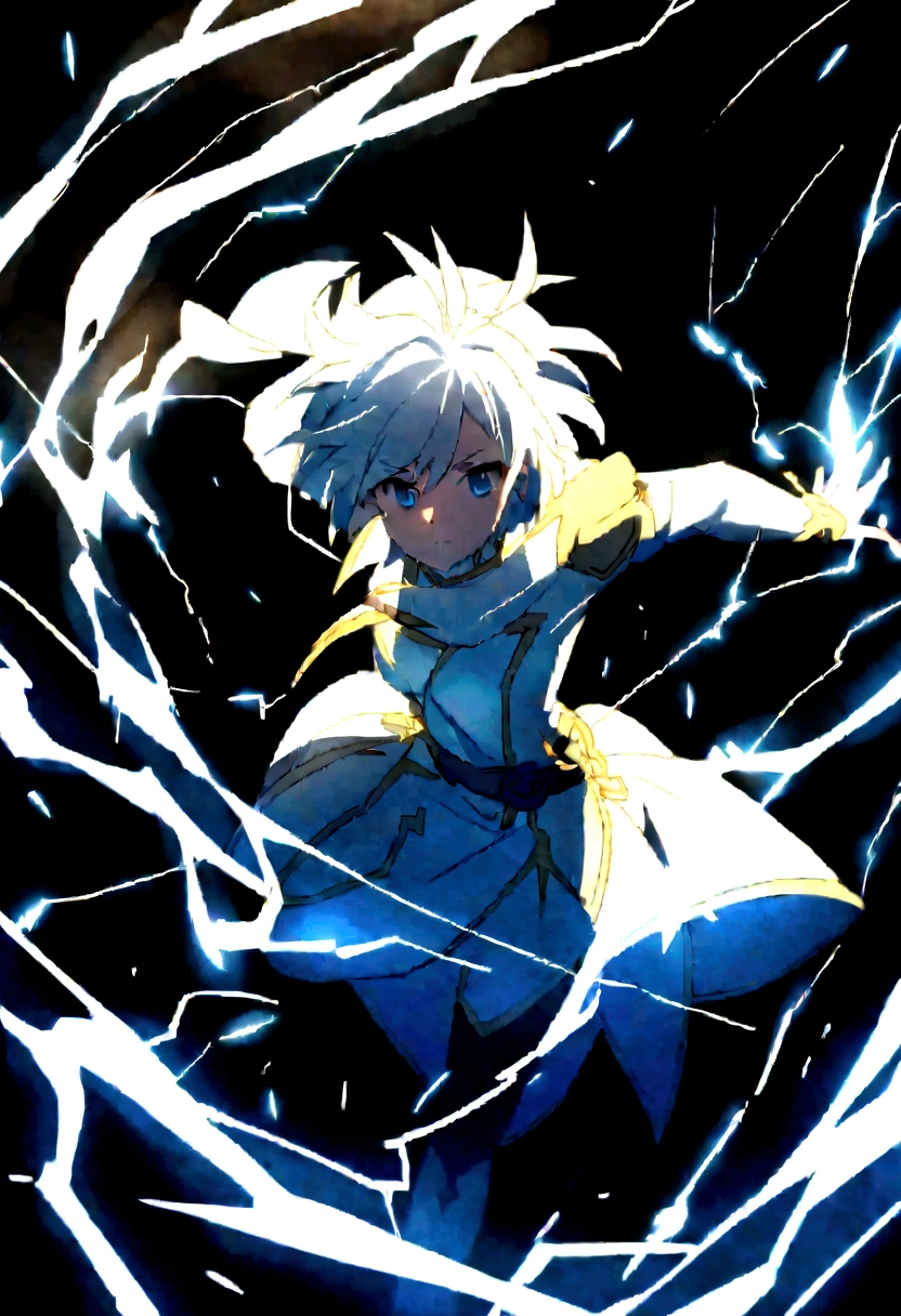 2D anime boy with the power to turn into a bird girl girl with the power to create lightning add a little more detail to the image I want her two arms to appear holding a sword and her breasts to be bigger I want her breasts to be more detailed bigger where are her arms I want her breasts to increase more detail I want her both arms to be shown
