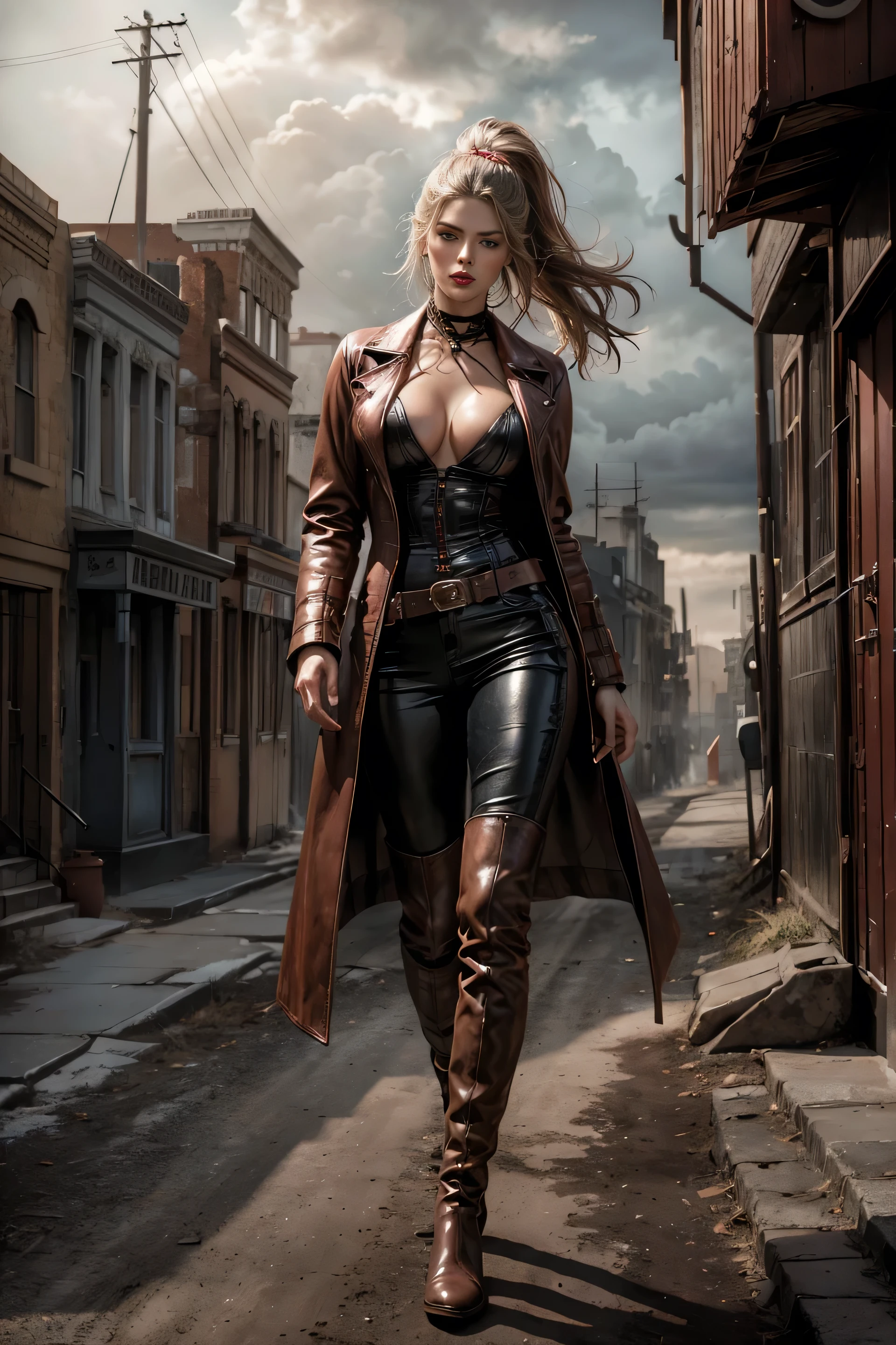 circa 1880s full length western cowboy woman, long brown ponytail, brown eyes, high arched eyebrows, long graceful neck, red lips, large breasts, tight brown leather pants, long leather coat, leather boots, desolate desolate American small town dusty walks on a sandy street, (realistic, photorealistic, photorealistic:1.37 ), horror, dark and gloomy atmosphere with dramatic lighting, dull reddish colors, Foggy environment, detailed facial expressions, Horrible fog