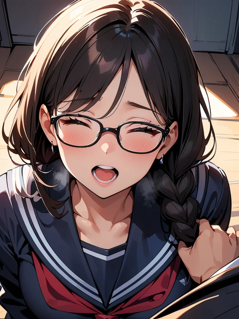 (high quality, 8K, 4k, high contrast, masterpiece:1.2, 最high quality, best aesthetics), (dynamic angle), ((1 female)), , sexy, mature body, JK, , Braid, Glasses, sexyな唇, excited, Chairman, sailor suit:1.2, open your mouth.  on a , 