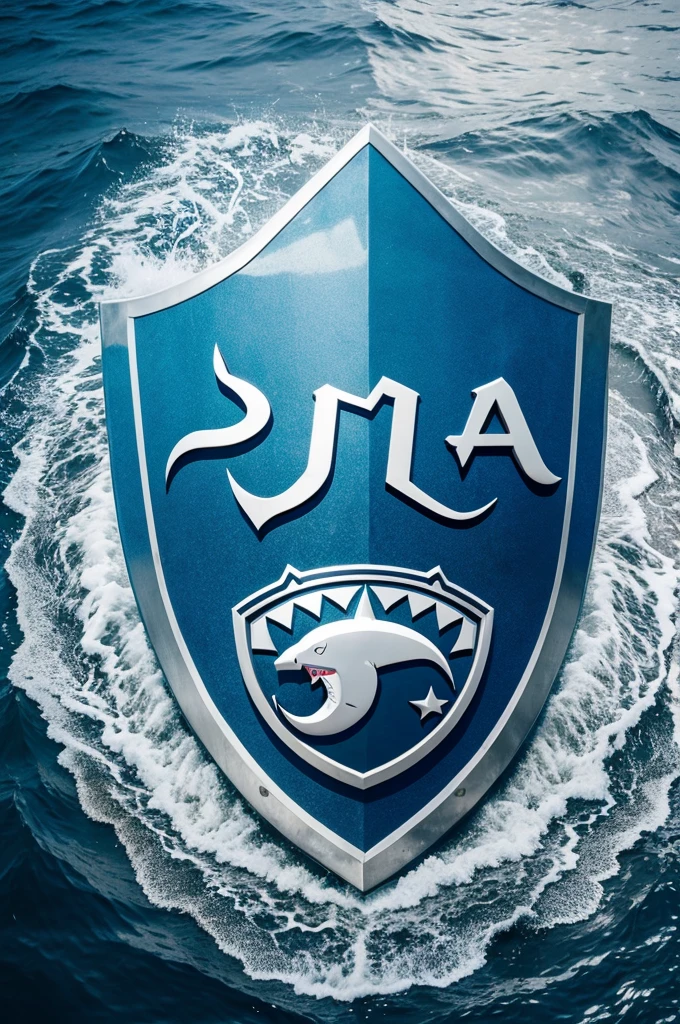 Logo of a shark in the shape of a shield, com as letras J e L