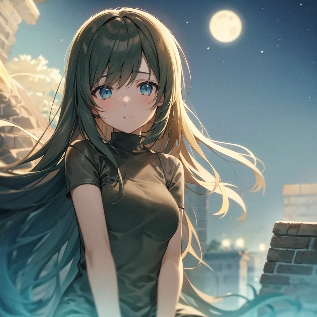 a girl sitting on top of a brick wall, roof background, sits on a rooftop, girl sitting on a rooftop, in a rooftop, anime atmospheric, rooftop romantic, sad lonely mellow vibes, standing on rooftop, watching the sun set. anime, looking at the moon, standing on a rooftop, night background, in front of the moon, rooftop