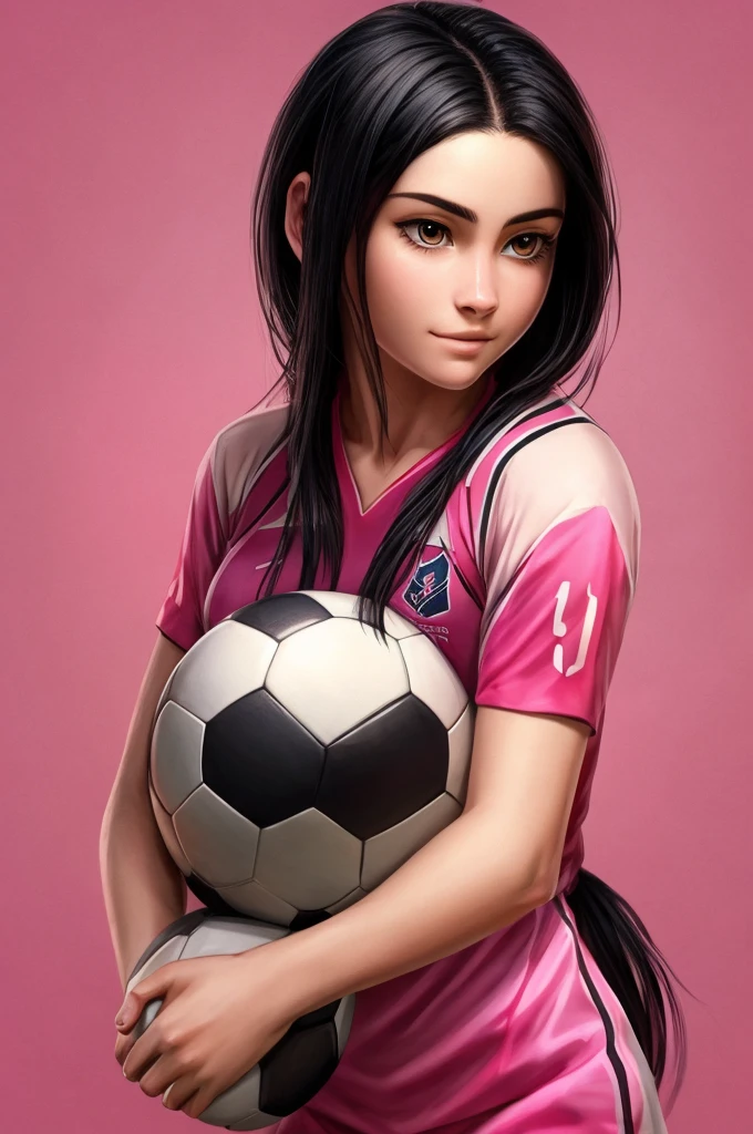 ((best quality)), ((masterpiece)), (detailed), perfect face tender girl with black hair playing soccer pink background