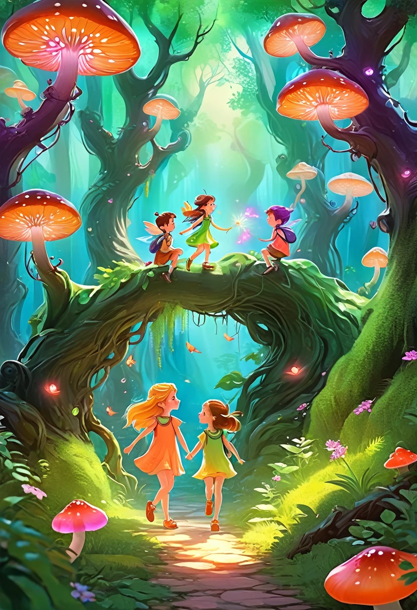 A fantastic and real forest, very real, fantastic and colorful, showing a group of children playing and exploring in a magical forest.. Trees have unusual shapes and colors, with branches that twist and intertwine, creating an environment full of magic and wonder.

Children run and jump over raised roots, surrounded by bright flowers and luminous mushrooms. Some have stopped to observe small magical creatures that float and flutter around them, like fairies and elves. Others are building shelters with branches and leaves, giving life to your dreams.

The color palette is vibrant and saturated, with intense shades of green, blue, purple, orange and pink that give the scene an ethereal and dreamlike appearance. The lighting is warm and diffuse, creating an enchanted and welcoming atmosphere.

Focus on capturing joy, the curiosity and overflowing imagination of children as they interact with this fantastic world. that every detail, from the textures of the vegetation to the expressions on the faces, convey a sense of wonder and unlimited possibilities."

It's prompt, I have tried to provide clear instructions on:

The magical and fantastic environment of the forest The activities and emotions of the children The use of a vibrant and warm color palette The lighting and the immersive atmosphere