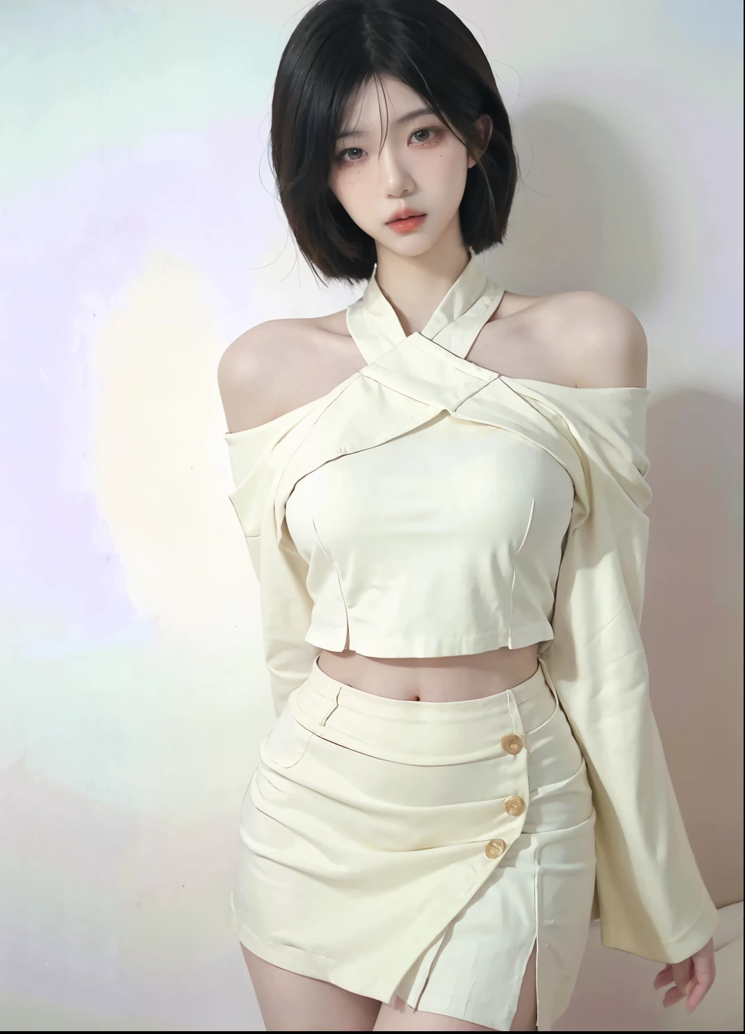 Beautiful woman with perfect figure:1.4,Ultra-high resolution,White background,(Realism:1.4),Layered hairstyle,White skin,JK:1.5,Super short pleated skirt,whole body:1.4,Very delicate and skin texture,Double eyelids,Skin Whitening,short hair,White hair