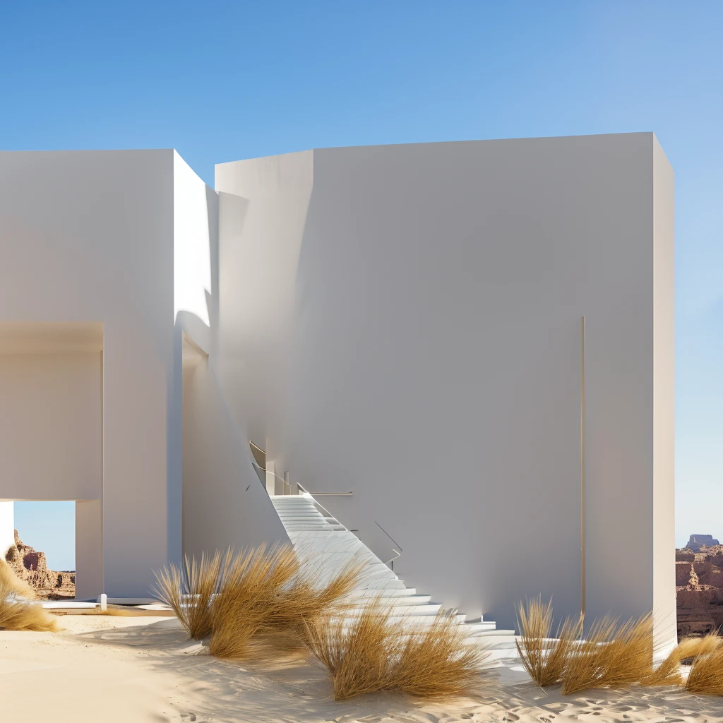 Generates an image of an imposing modern architectural structure located between two rock walls of a canyon. The two-line structure must have a symmetrical and minimalist design., with clean lines and predominantly white and gray materials, similar to a huge marble building. The main entrance should be a tall, narrow portal that allows sunlight to pass through.. In front of the structure, there must be a wide staircase leading to a white sand beach with clear blue water. Add multiple people to the scene, scattered both on the stairs and on the beach, to give an idea of the monumental scale of the building. Lighting should be natural, with soft sunlight illuminating the scene, creating a serene and majestic environment