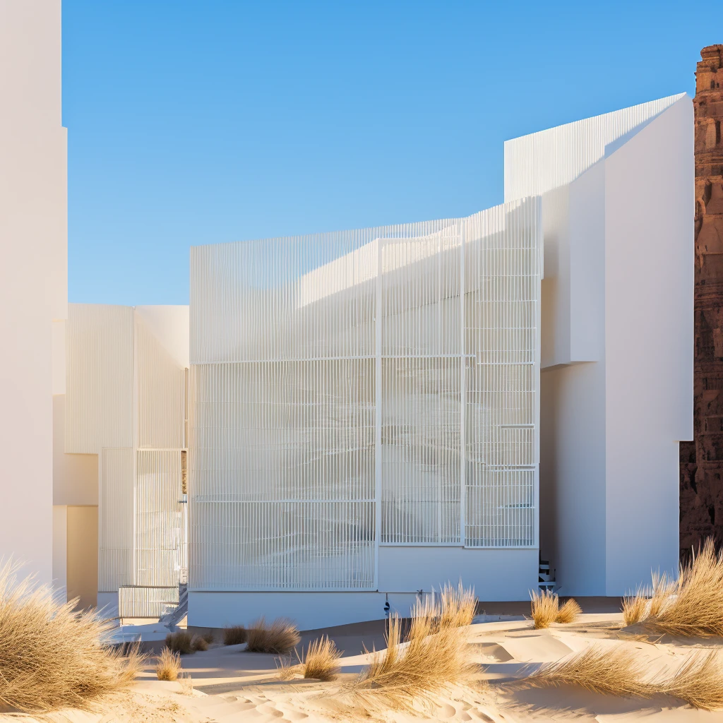 Generates an image of an imposing modern architectural structure located between two rock walls of a canyon. The two-line structure must have a symmetrical and minimalist design., with clean lines and predominantly white and gray materials, similar to a huge marble building. The main entrance should be a tall, narrow portal that allows sunlight to pass through.. In front of the structure, there must be a wide staircase leading to a white sand beach with clear blue water. Add multiple people to the scene, scattered both on the stairs and on the beach, to give an idea of the monumental scale of the building. Lighting should be natural, with soft sunlight illuminating the scene, creating a serene and majestic environment