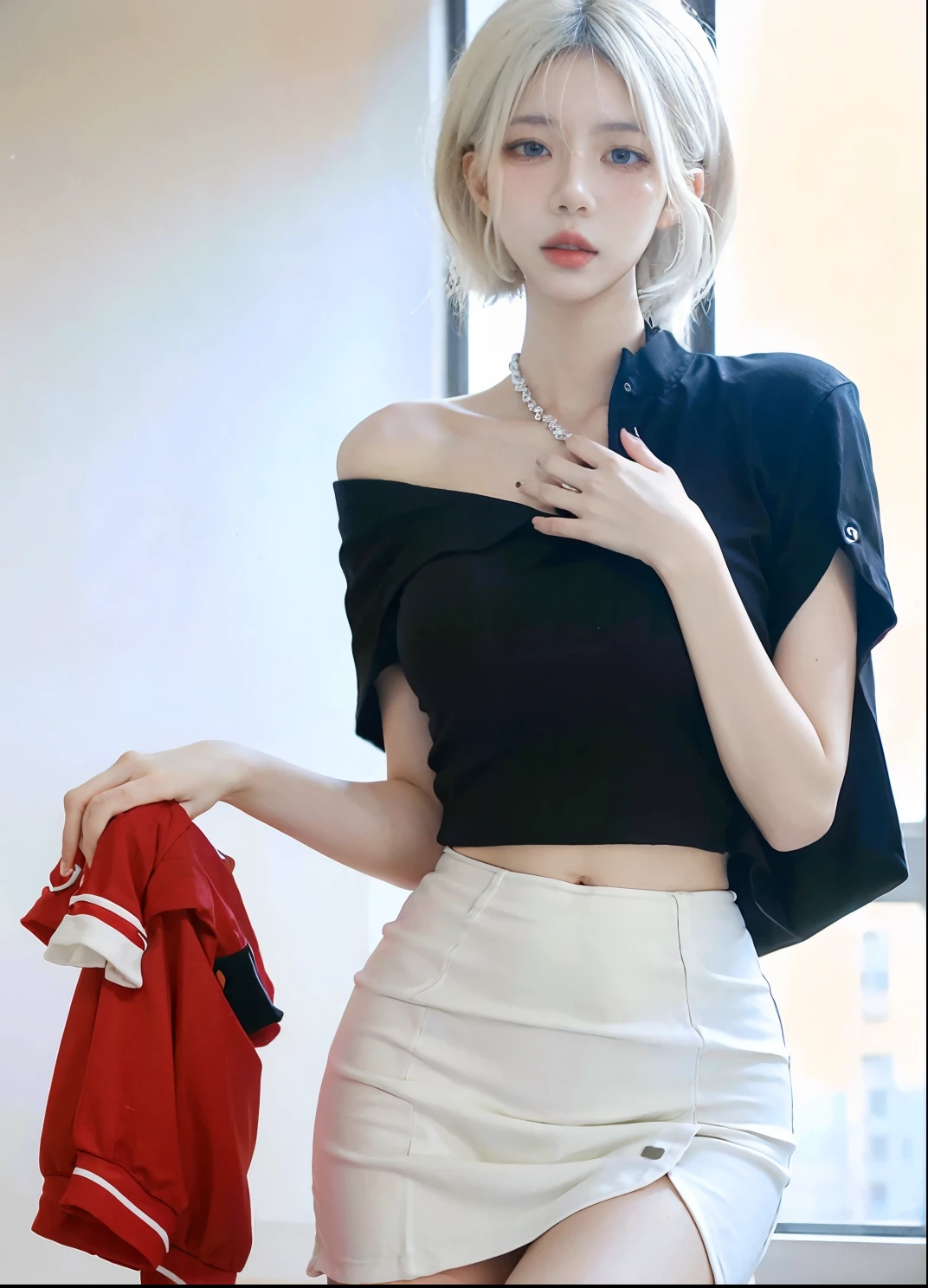 Beautiful woman with perfect figure:1.4，Ultra-high resolution，White background，（Realism:1.4)，Layered hairstyle，White skin，JK:1.5，Super short pleated skirt，whole body：1.4，Very delicate and skin texture，Double eyelids，Skin Whitening，short hair，White hair
