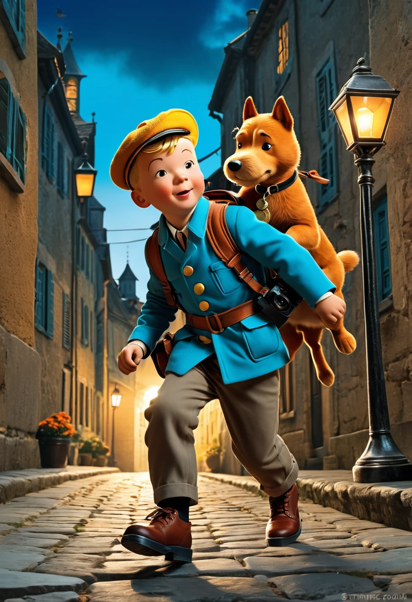 1 boy, Tintin, "The Adventures of Tintin", Hergé style, Detective hat, Dynamic poses, Drama, Movie camera angle, European Comics, 90s cartoon art style, Dynamic action scenes, Vibrant colors, movie lighting, Dramatic Lighting, best quality, masterpiece, very beautiful, Perfect composition, Intricate details, Extremely detailed