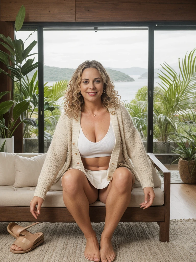 Dawn Zulueta, a solo photorealistic of Dawn Zulueta, woman, (((45 years old woman))), (((Swedish brown eyes))), Swedish lips, Swedish high nose, (((with body and face wrinkle))), (((Swedish light blond long wavy curly blond hair))), (((In her minimalist tropical-themed living room, she sits seductively amidst an atmosphere of tranquility and natural beauty. The room is designed with clean lines, neutral colors, and an abundance of greenery, evoking a sense of calm reminiscent of a tropical retreat. Large windows frame a breathtaking view of a staircase, perhaps adorned with plants or featuring natural materials like wood and stone. The staircase leads to anotheevel of the home, enhancing the feeling of openness and connection to the outdoors.))), (((she is wearing a horizontal stripe knitted coordinates, color white chunky Crop Cardigan; Color red kniited Mini Skirt, The cardigan is open that exposed her breast)))your face light up with a wide smile, crinkling your eyes at the corners and showing off your teeth. Radiate happiness and warmth., (((dynamic pose)))