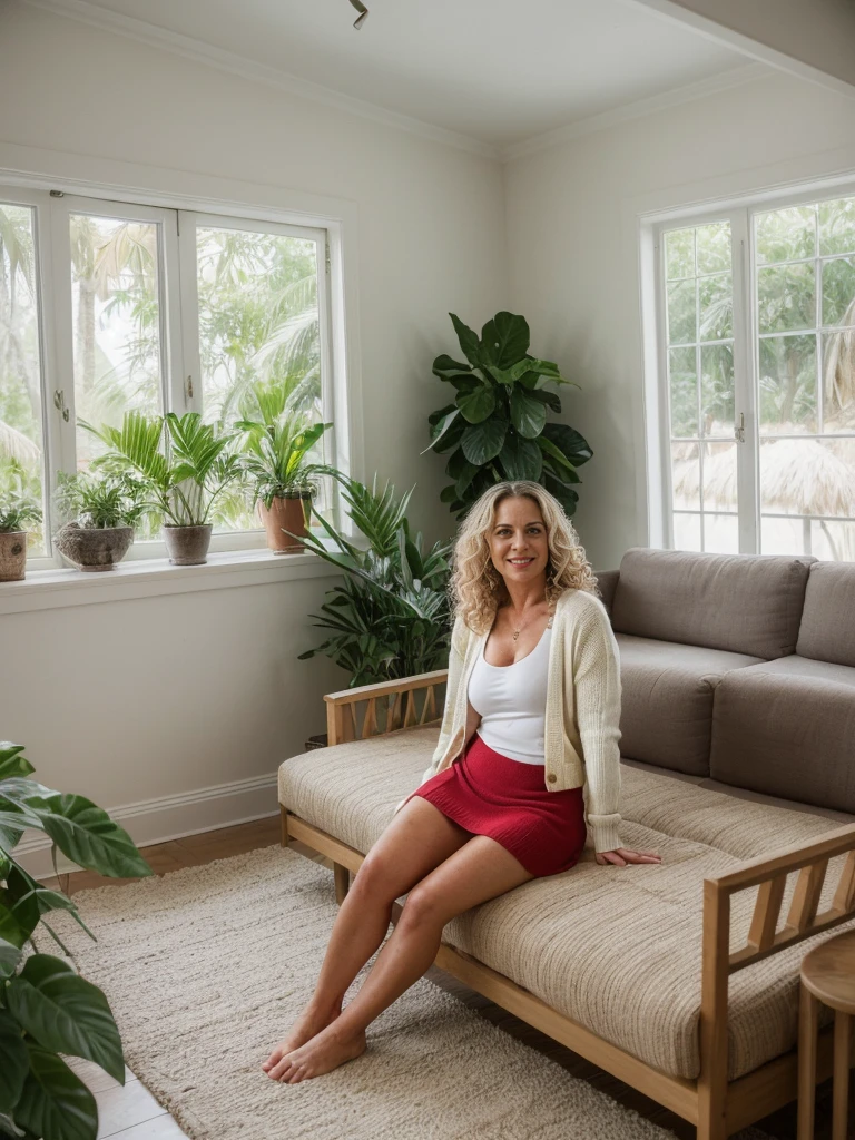 Dawn Zulueta, a solo photorealistic of Dawn Zulueta, Mature woman, (((45 years old woman))), (((Swedish brown eyes))), Swedish lips, Swedish high nose, (((with body and face wrinkle))), (((Swedish light blond long wavy curly blond hair))), (((In her minimalist tropical-themed living room, she sits seductively amidst an atmosphere of tranquility and natural beauty. The room is designed with clean lines, neutral colors, and an abundance of greenery, evoking a sense of calm reminiscent of a tropical retreat. Large windows frame a breathtaking view of a staircase, perhaps adorned with plants or featuring natural materials like wood and stone. The staircase leads to another level of the home, enhancing the feeling of openness and connection to the outdoors.))), (((she is wearing a horizontal stripe knitted coordinates, color white chunky Crop Cardigan; Color red kniited Mini Skirt, The cardigan is open that exposed her breast))), Let your face light up with a wide smile, crinkling your eyes at the corners and showing off your teeth. Radiate happiness and warmth., (((dynamic pose)))