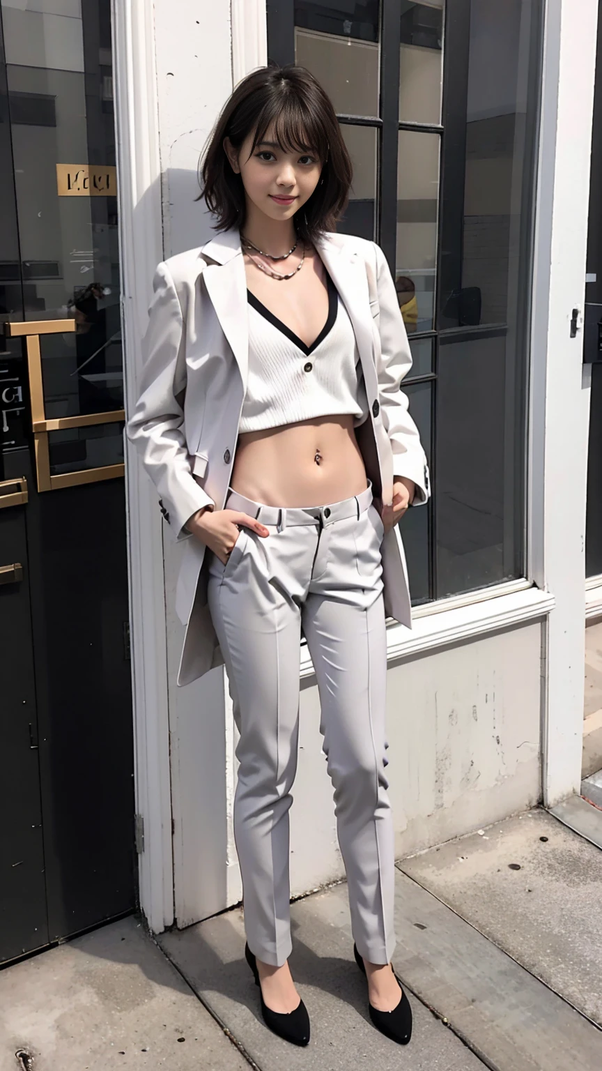 (Best Quality, Masterpiece, Photo realistic, Ultra Detailed, ultra high res, raw), (1girl), pretty, Japanese, smile, bangs, (suit jacket, skinny pants), (gigantic breasts, cleavage), (naked:1.2), (long hair| medium hair| short hair), (LowriseXL, LowwaistXL, groin:1.3), (high heels, beautiful long legs, full body), city street, navel, necklace,
