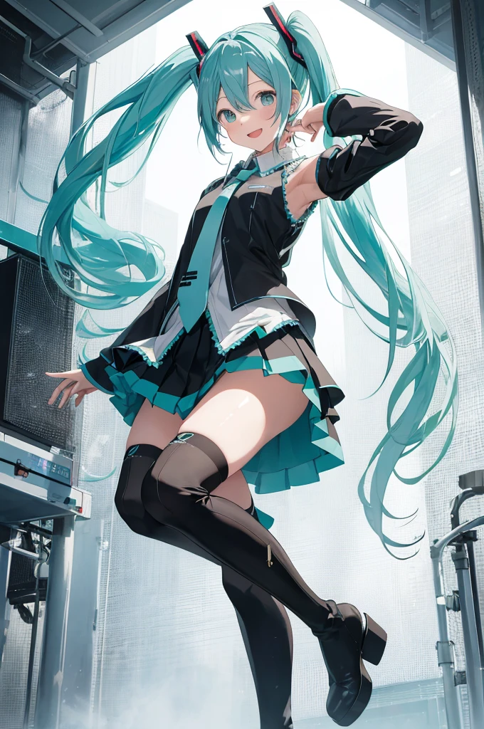 hatsune miku, Happy, smile, open your mouth, sing, dancing, highest quality, High resolution. intricate details,highest quality, chromatic aberration, 1 girl, alone, wet skirt, hatsune miku, long hair, thighs, twin tails, removed sleeve, tie, Thigh boots, boots, No sleeve, headset, aqua eye, pleated skirt, aqua hair, whole body, No sleeve Shirt, simple background, Very long hair, white background, black shoes, 黒いthighs, hair ornaments