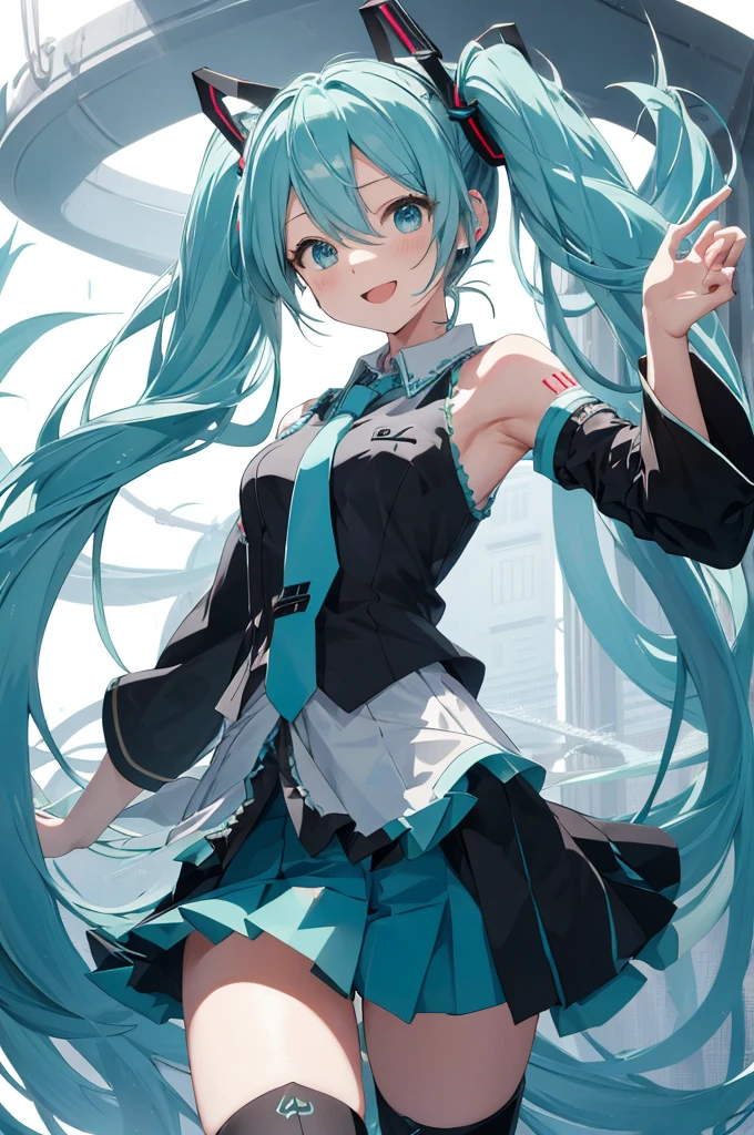 hatsune miku, Happy, smile, open your mouth, sing, dancing, highest quality, High resolution. intricate details,highest quality, chromatic aberration, 1 girl, alone, wet skirt, hatsune miku, long hair, thighs, twin tails, removed sleeve, tie, Thigh boots, boots, No sleeve, headset, aqua eye, pleated skirt, aqua hair, whole body, No sleeve Shirt, simple background, Very long hair, white background, black shoes, 黒いthighs, hair ornaments