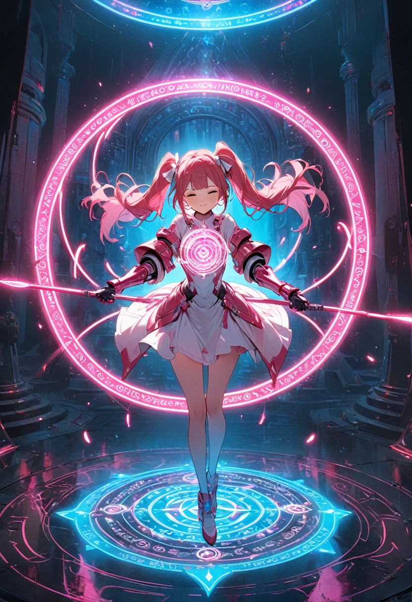 A girl wearing robot armor spins a spear and summons a magic circle.The girl has red twin tails and wears a red and white barrette.He wears red and white robot armor that covers his entire body.A large number of pink neon lights shine brightly from the armor,A colorful magic circle with a mix of red white and pink is summoned on its back.(A blue neon light shines from the tip of the spear), neon light draws a circle.The girl looks up and closes her eyes,The beautiful hair and texture of the girl, the beauty of the girl's face, the texture of the robot armor and the beauty of the mechanism,The magical glow of the magic circle,A perfect depiction of a spear, perfectly holding a spear with two hands,Full body view,(High quality, high precision image, masterpiece, 4k, 8k,:1.2)ultra-definition