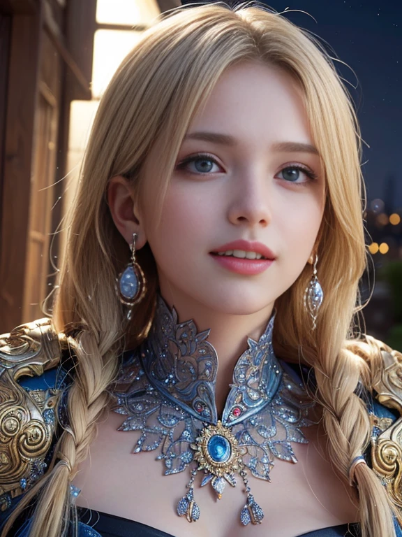 (((masterpiece, best quality))), (((high quality))), (((high resolution illustration))), (((hyper detail))),NSFW, (((Wordsworth's Sharon))),(((Very beautiful long blonde hair))), (((Very beautiful face))), ((((Detailed face)))),(((very beautiful blue eyes))),(((Realistic Skin))),(((kindly smiling, shy expression))),(((her face is flushed))),(((slim body))),(((slim thighs))),(((small breasts))),(((very beautiful slender legs))),(((Pearl armor))),(((Armor with extremely detailed and intricate decoration that shows her cleavage))),(((A skirt with extremely detailed and intricate decoration))),(((Boots with extremely detailed and intricate decoration))),(((beautiful earrings))),((A cloak with very detailed and intricate decoration))),(((A retro townscape with a beautiful old medieval Western castle late at night))),(((has a huge weapon))), (highest quality:1.6), (超A high resolution:1.5), (Realistic:1.75), 8K resolution, Canon EOS R5, 50mm, Absurd, Ultra-detailed,Cinema Lighting,(((Dignified appearance))),(((terrified face)))