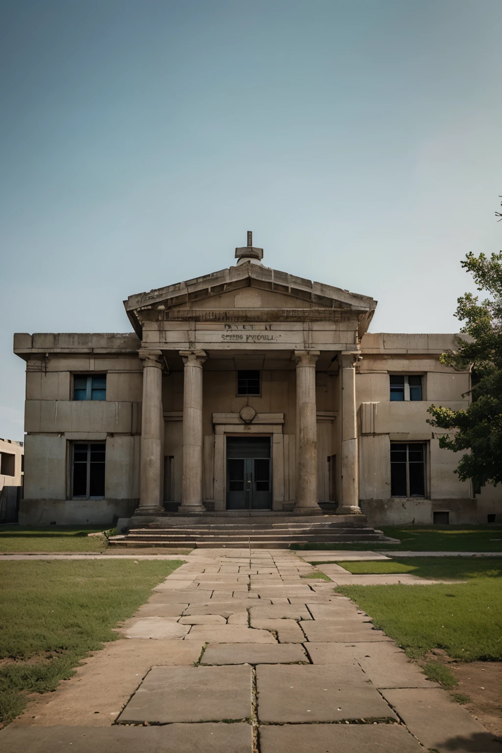 a picture of an ancient five story concrete school building and make it look eerie