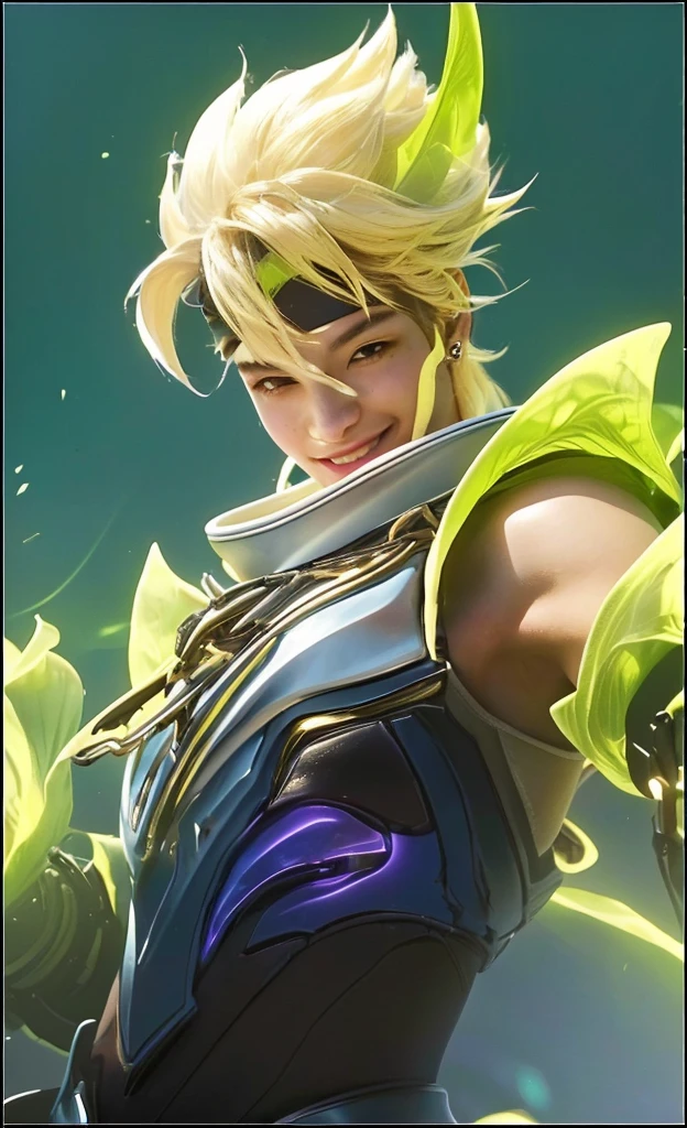 1boy, close up portrait, detailed eyes, detailed lips, extremely detailed face, smiling, yellow hair, flowing hair, sunlight, bright sunny day, soft lighting, warm colors, (best quality,4k,8k,highres,masterpiece:1.2),ultra-detailed,(realistic,photorealistic,photo-realistic:1.37),portrait,natural lighting,vibrant colors,detailed skin texture,glowing skin