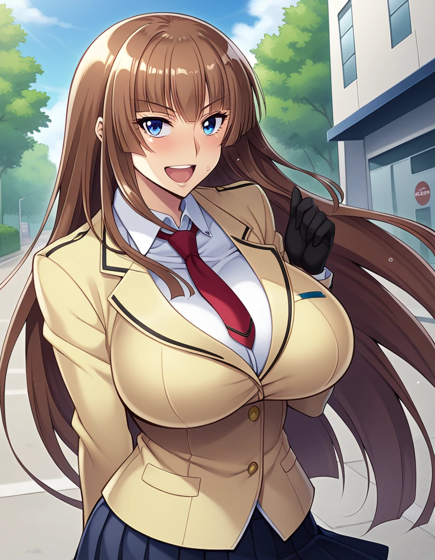 score_9, score_8_up, score_7_up, score_6_up, source_anime, aoi_nagisa_\(metalder\), BREAK solo, 1girl, koukawa asuka, brown hair, long hair, blue eyes, bangs, (huge breasts:0.8), medium body, BREAK (blue closed school_jacket, tight clothes:1.1), breasts, black gloves, white collared _blouse, red long_tie, black pleated_skirt, BREAK happy, open mouth, outside, street, (upper body:1.1),