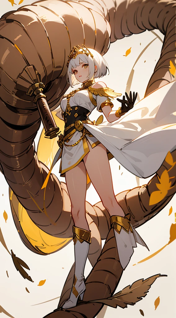 beautiful woman, white hair, short Cleopatra style hair, ((crew cut: 1)), light brown eyes, fair skin, ((muscular: 1)), female, 28 years old Wearing a white blouse, gold details, brown shawl leather, gray open-leg skirt, black boots, long white gloves, pet centipede, black centipede. dry leaves falling in the background, queen of ontono
