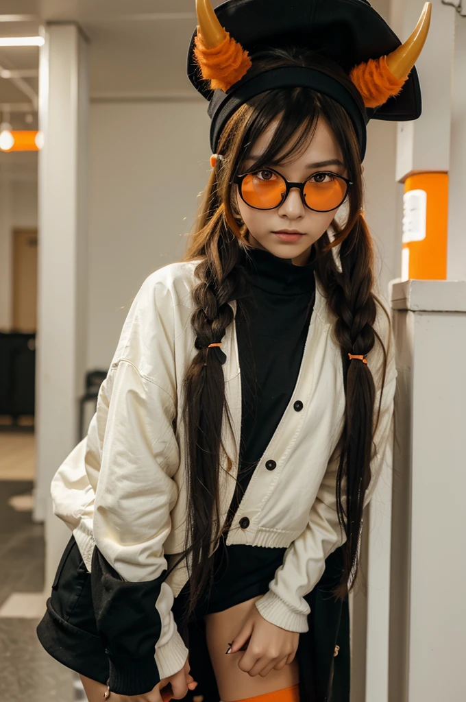 Long hair in 2 colors of cream and orange in a ponytail, wear a cute hat with horns, wear black glasses, orange eyes, black clothes, black short jacket, lengan black clothes pendek, shorts, wide socks