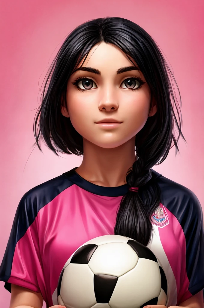 ((best quality)), ((masterpiece)), (detailed), perfect face tender girl with black hair playing soccer pink background with soccer field