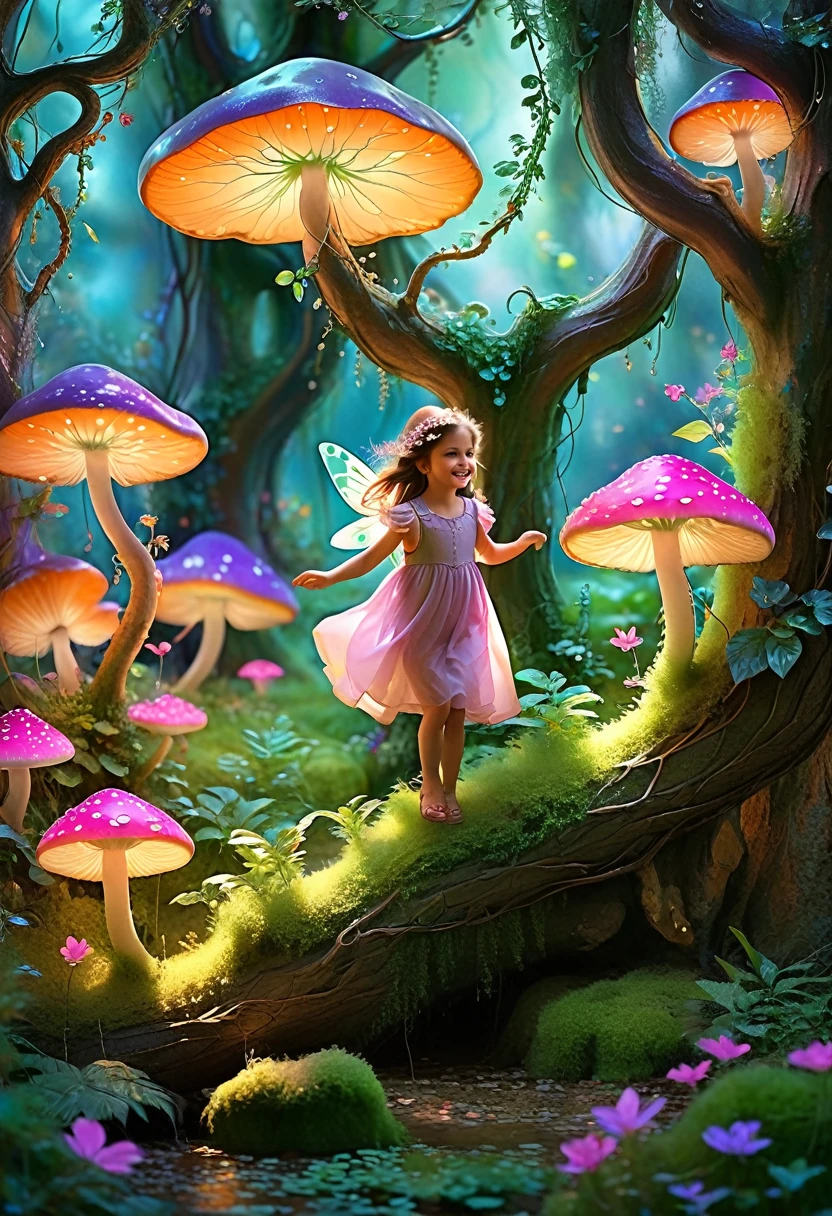A fantastic and real forest, very real, fantastic and colorful, showing a group of children playing and exploring in a magical forest.. Trees have unusual shapes and colors, with branches that twist and intertwine, creating an environment full of magic and wonder. Children run and jump over raised roots, surrounded by bright flowers and luminous mushrooms. Some have stopped to observe small magical creatures that float and flutter around them, like fairies and elves. Others are building shelters with branches and leaves, giving life to your dreams. The color palette is vibrant and saturated, with intense shades of green, blue, purple, orange and pink that give the scene an ethereal and dreamlike appearance. The lighting is warm and diffuse, creating an enchanted and welcoming atmosphere. Focus on capturing joy, the curiosity and overflowing imagination of children as they interact with this fantastic world. that every detail, from the textures of the vegetation to the expressions on the faces, convey a sense of wonder and unlimited possibilities." It's prompt, I have tried to provide clear instructions on: The magical and fantastic environment of the forest The activities and emotions of the children The use of a vibrant and warm color palette The lighting and the immersive atmosphere
