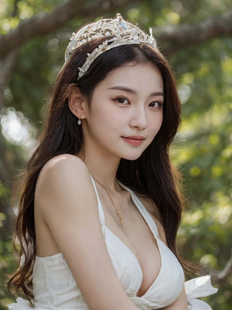best quality, ultra high resolution, (realistically:1.4), Cute tiara,Baoyu Girl, A pair of clear and charming peach blossom eyes,Royal sister,The sun shines on the face,Long curly hair,(In the forest:1.4),(necklace:1.2),(White skin:1.4),(Full body female love:1.2)a sense of atmosphere,a beautiful girl, Smile,Looking directly at the viewer, Close-up cleavage ,(lifelike:1.4),1 girl,Sexy,(Upper body:1.4),(wet),(:1.2), Big Breast
