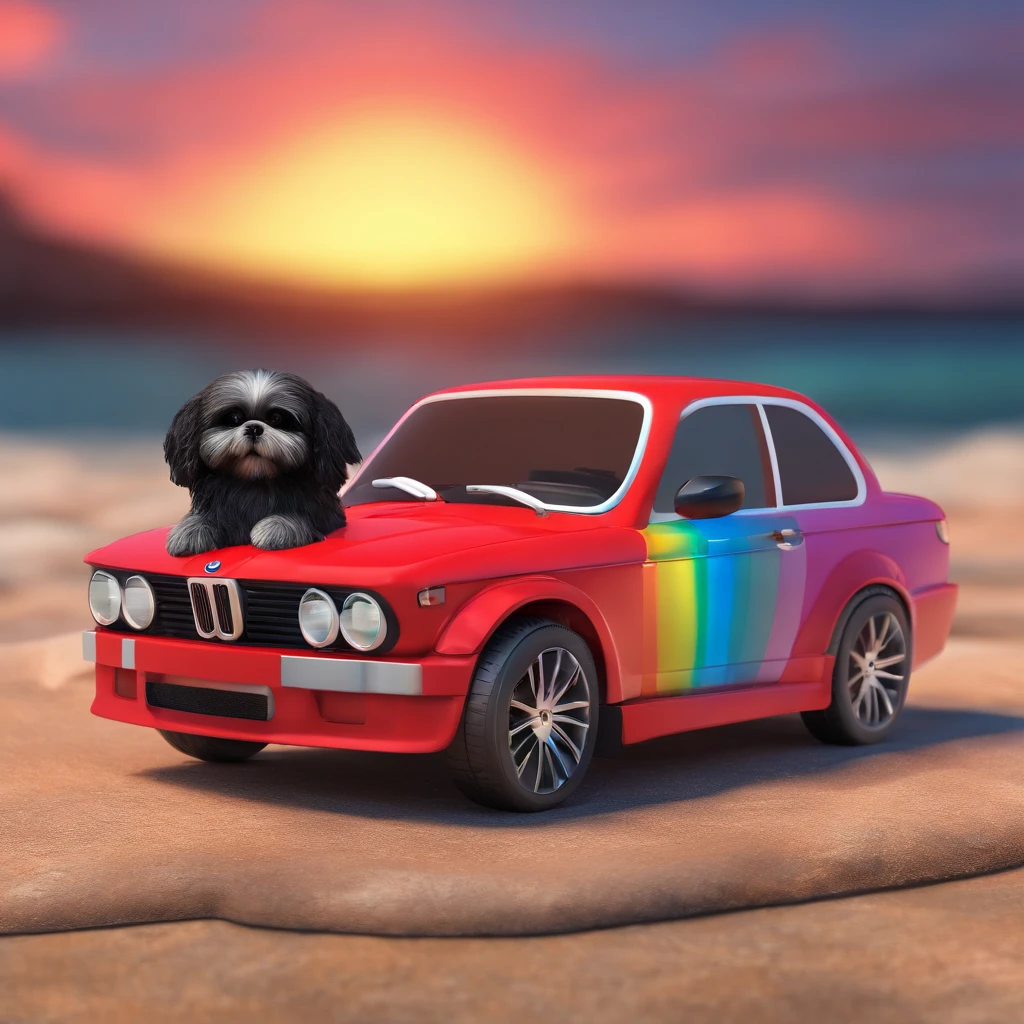 2 small adorable black shih tzus wearing red sunglasses in a new blue BMW M2 sunset and rainbow in background
