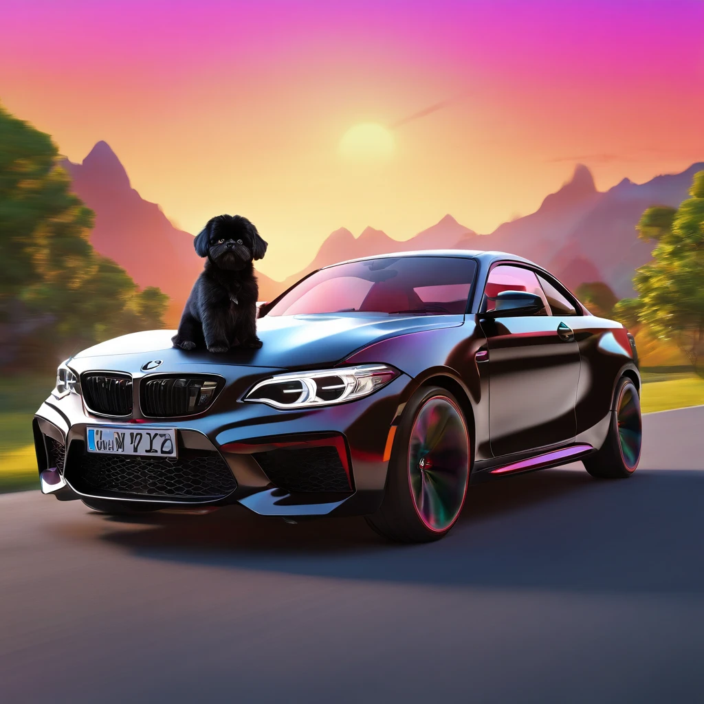 2 small adorable black shih tzus wearing red sunglasses in a new  blue BMW M2 sunset and rainbow in background