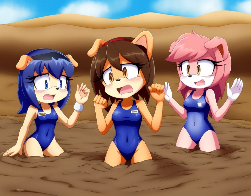 Mobian girls, best quality, HD, full body,   girl, puppy girls, floppy ears, glasses, hair, group lined up, group together, 6girls, group peril, multiple girls, 6girls together, hair, 6girls upper body, 6girls in quicksand, hair, dripping, panic, dance, group, multiple girls, open mouth, masterpiece, teranen, sad, one-piece , quicksand, sinking, 6girls in quicksand, scream, hands up, gurgling, drowning, , challenge, lying, on back, group lying, group sinking, school , panic, peril, , one-piece , school , old school , blue one-piece , name tag, group peril, desert, crowded, closed up