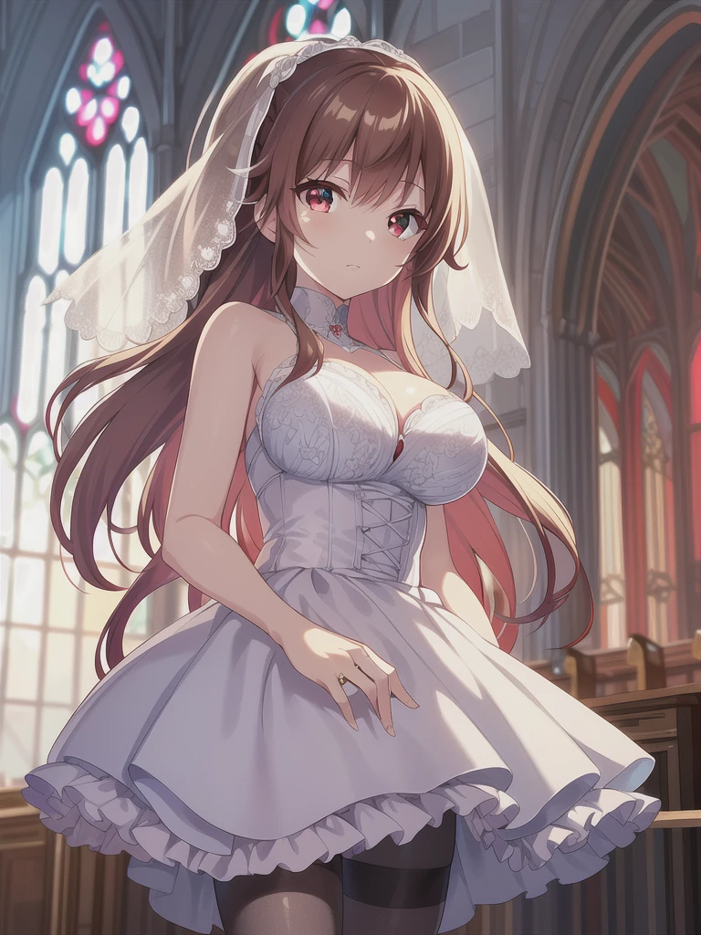 A girl，long hair, Bangs, Orange hair, Hair between the eyes, (Red eyes:1.5),  (Large Breasts:1.2), 
rest  锁骨, Wedding dress，veil，wedding，White dress，Flowers，Broken skirt，White socks，Tights，Black knee socks，
looking at viewer, whole body,Put your hands in front of you，手拿Flowers，
indoors, church，Standing，Standing，
rest (masterpiece:1.2), best quality, high resolution, Unity 8k Wallpaper, (illustration:0.8), (Beautiful and delicate eyes:1.6), Extremely detailed face, Perfect lighting, Extremely detailed CG, (Perfect hands, Perfect anatomical structure),