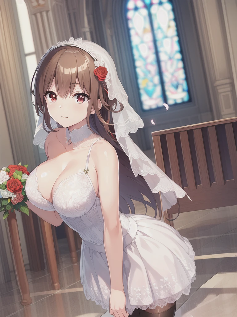 A girl，long hair, Bangs, Orange hair, Hair between the eyes, (Red eyes:1.5),  (Large Breasts:1.2), 
rest  锁骨, Wedding dress，veil，wedding，White dress，Flowers，Broken skirt，White socks，Tights，Black knee socks，
looking at viewer, whole body,Put your hands in front of you，手拿Flowers，
indoors, church，Standing，Standing，
rest (masterpiece:1.2), best quality, high resolution, Unity 8k Wallpaper, (illustration:0.8), (Beautiful and delicate eyes:1.6), Extremely detailed face, Perfect lighting, Extremely detailed CG, (Perfect hands, Perfect anatomical structure),