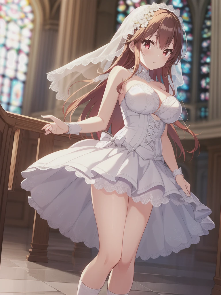 A girl，long hair, Bangs, Orange hair, Hair between the eyes, (Red eyes:1.5),  (Large Breasts:1.2), 
rest  锁骨, Wedding dress，veil，wedding，White dress，Flowers，Broken skirt，White socks，Tights，Black knee socks，
looking at viewer, whole body,Put your hands in front of you，手拿Flowers，
indoors, church，Standing，Standing，
rest (masterpiece:1.2), best quality, high resolution, Unity 8k Wallpaper, (illustration:0.8), (Beautiful and delicate eyes:1.6), Extremely detailed face, Perfect lighting, Extremely detailed CG, (Perfect hands, Perfect anatomical structure),