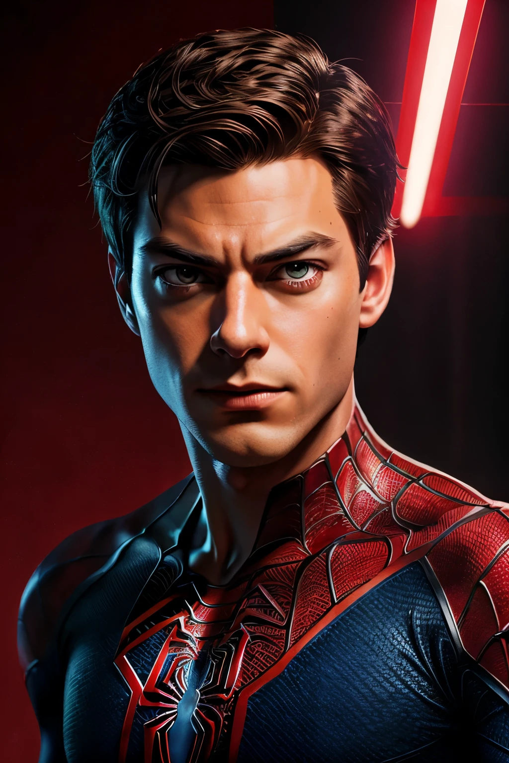 man wearing spider man costume, red light coming out of his eyes, peter parker, highly detailed exquisite fanart, spider man portrait, spider - verse art style, Peter Parker as Spider-Man