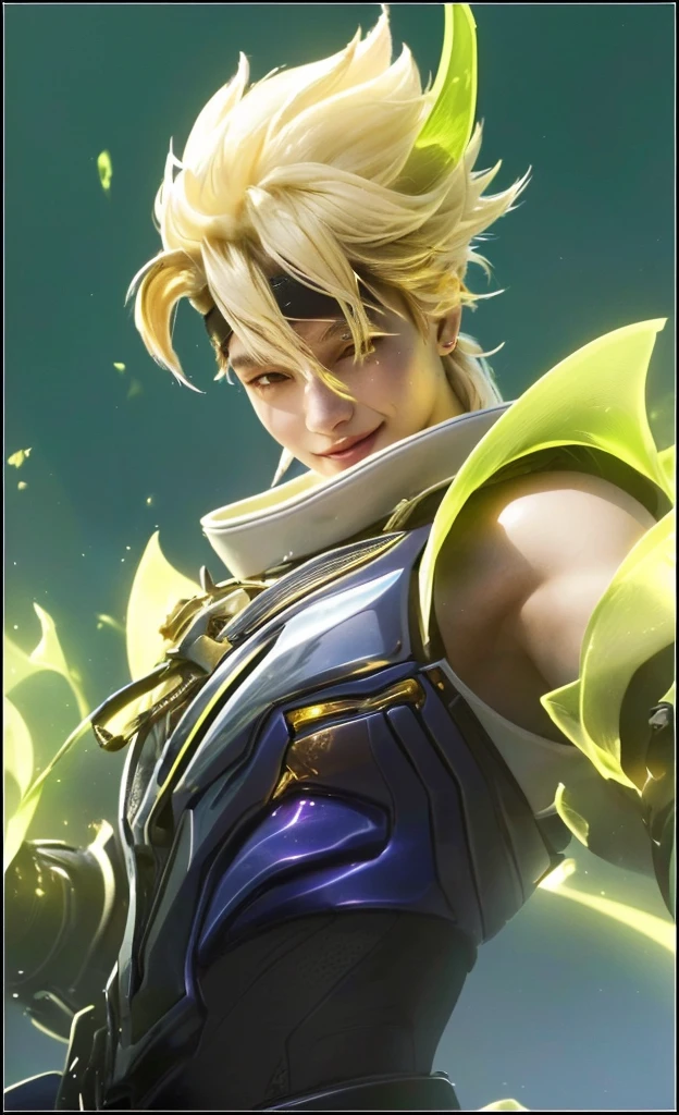 1boy, close up portrait, detailed eyes, detailed lips, extremely detailed face, smile, yellow hair, flowing hair, sunlight, bright sunny day, soft lighting, warm colors, (best quality,4k,8k,highres,masterpiece:1.2),ultra-detailed,(realistic,photorealistic,photo-realistic:1.37),portrait,natural lighting,vibrant colors,detailed skin texture,glowing skin