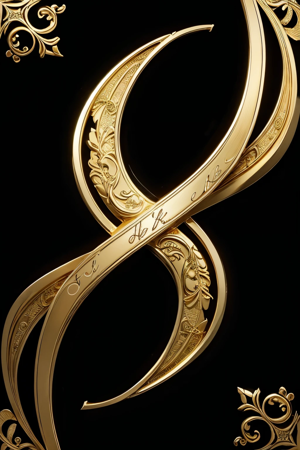 letter myj intertwined cursive in gold and black background in the shape of a signature and shiny details